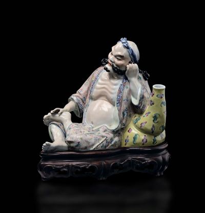 Figura di Saggio Reclino su Vaso a Doppia Zucca in Porcellana Famiglia Rosa, Cina, Dinastia Qing,...