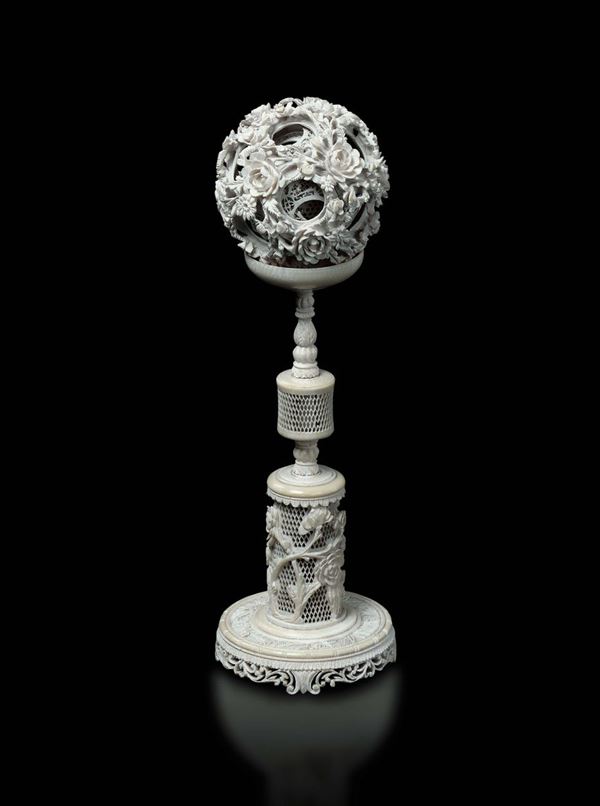 A carved ivory puzzle ball, China, Qing Dynasty, 19th century