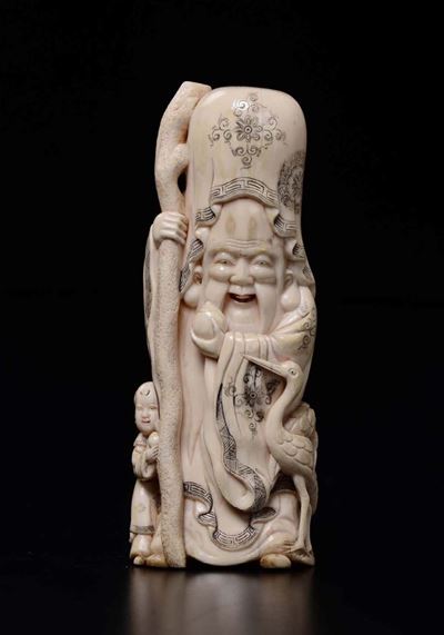 Figura di Saggio con Bastone in Avorio, Cina, Inizio XX Secolo