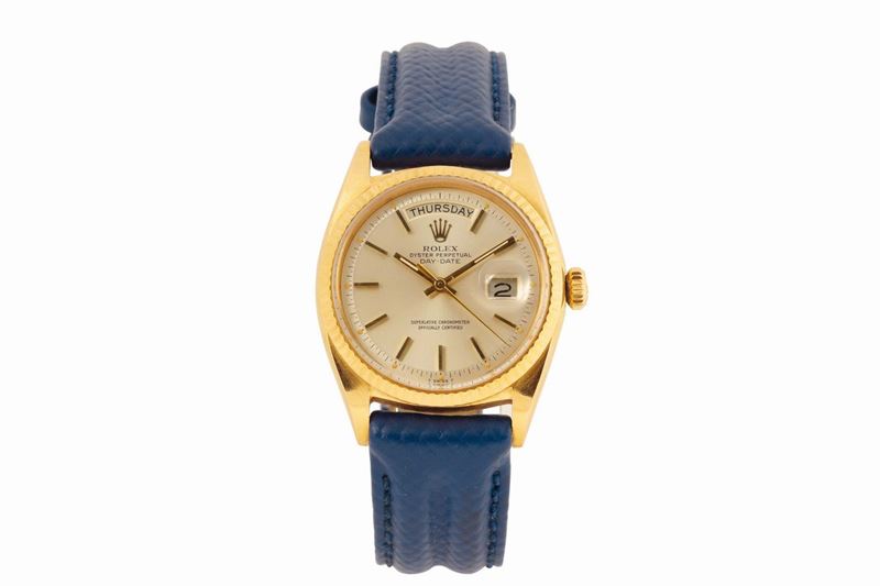 ROLEX, Oyster Perpetual, Day-Date, Superlative Chronometer Officially Certified, REF. 1803, case No. 1903418, Ref. 1803. Made in 1968. Fine, tonneau-shaped, center seconds, self-winding, water resistant, 18K yellow gold wristwatch with day & date. Accompanied by the original box  - Auction Watches and Pocket Watches - Cambi Casa d'Aste