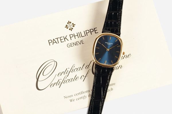 PATEK PHILIPPE, Geneve, ELLIPSE, AUTOMATIC, YELLOW GOLD. Very fine, oval, self-winding, 18K yellow gold wristwatch with an 18K yellow gold Patek Philippe buckle. Made circa 1990. Accompanied by the Certificate