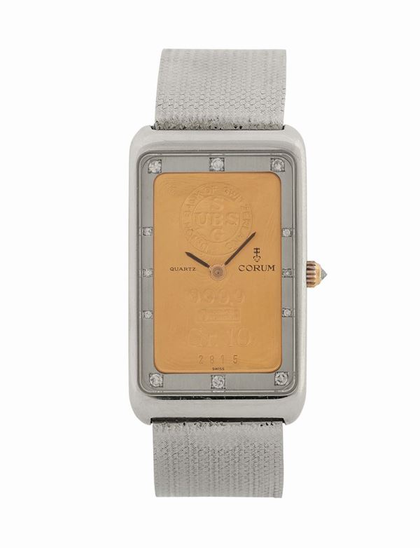 CORUM,Montre-Lingot GR.10, 1970's. Very fine, rectangular, 18K white gold and diamonds lady's wristwatch with 18K white gold Corum bracelet and deployant clasp. Accompanied by the original box