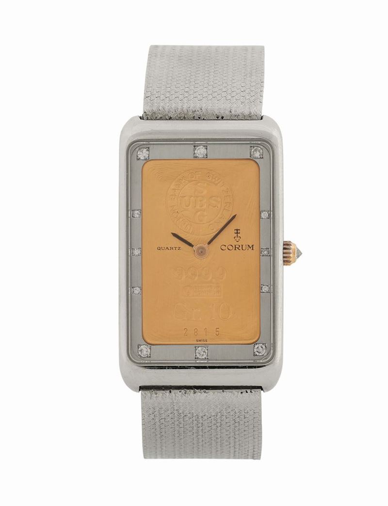 CORUM,Montre-Lingot GR.10, 1970's. Very fine, rectangular, 18K white gold and diamonds lady's wristwatch with 18K white gold Corum bracelet and deployant clasp. Accompanied by the original box  - Auction Watches and Pocket Watches - Cambi Casa d'Aste