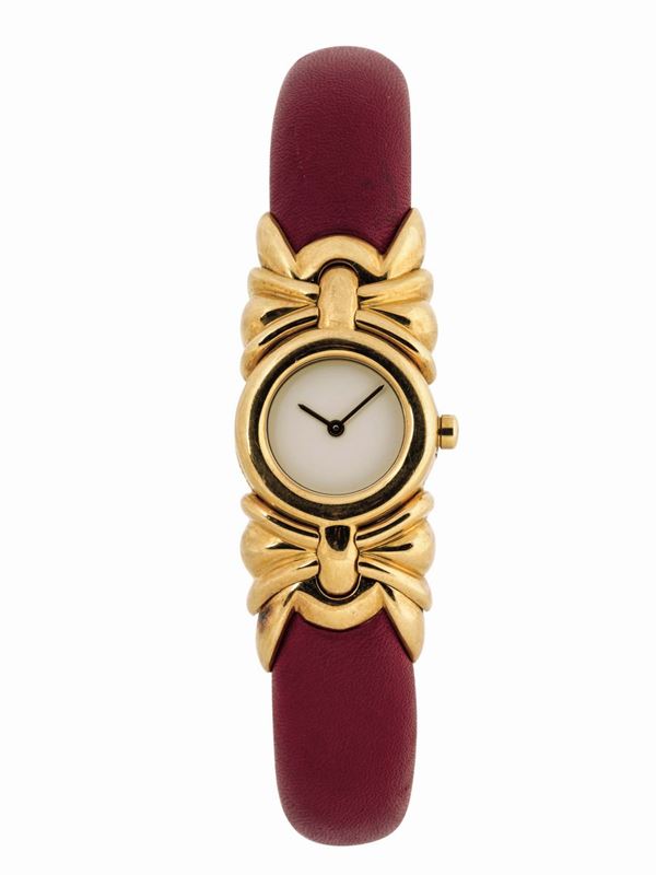 Bulgari Ref. BJ 01. Made in the 1980s. Fine and unusual 18K yellow gold and leather lady's quartz wristwatch.