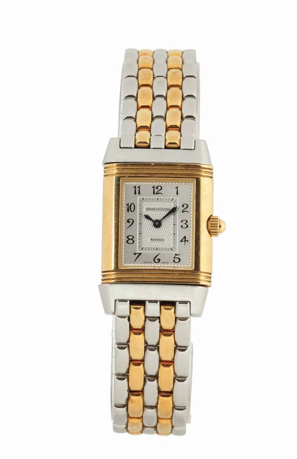 JAEGER-LECOULTRE, REVERSO DUETTO, REF. 266.5.44. Fine and elegant, rectangular, stainless steel and gold diamond lady's reversible doubledial wristwatch with an stainless steel and gold Jaeger-LeCoultre link bracelet with deployant clasp. Made circa 1990