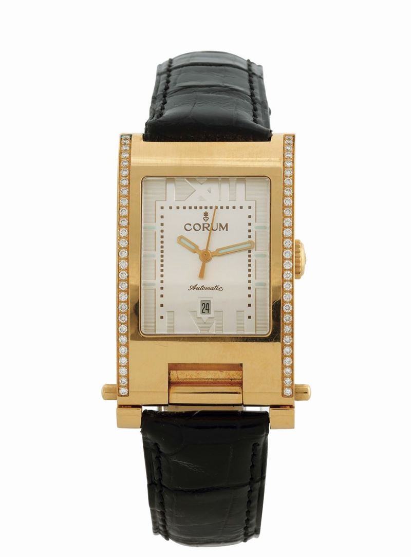 CORUM, FOLD-OUT, QUARTZ PINK GOLD AND DIAMONDS. Fine and unusual, water-resistant, rectangular curved, 18K pink gold quartz wristwatch with hinged case back and a gold Corum buckle. Made circa 2000's. Accompanied by the Certificate  - Auction Watches and Pocket Watches - Cambi Casa d'Aste