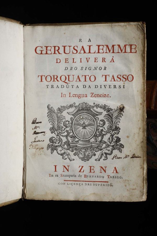 Tasso, Torquato RA Gerusalemme deliverà dro Signor Torquato Tasso traduta da diversi in lengua Zeneize, in Zena, Bernardo Tarigo (1760)