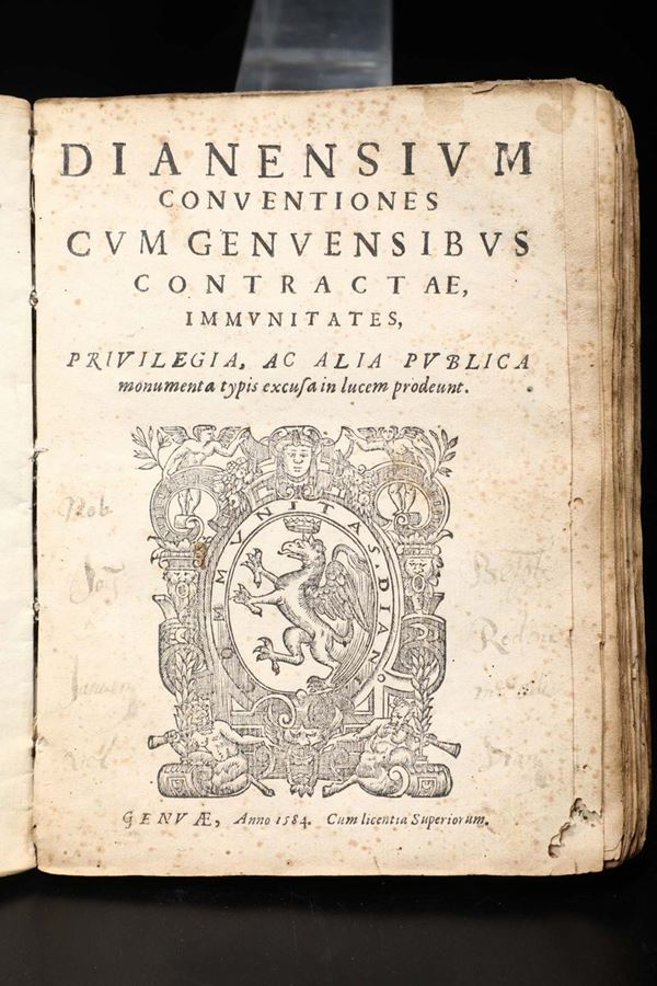 Diano Marina-Serenissima Repubblica di Genova:Convenzioni Dianensium conventiones cum genuensibus contractae immunitates..Genuae, 1584. Senza indicazioni tipografiche.