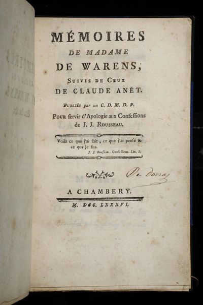 Warens, De Madamememoires, Chambery, 1786