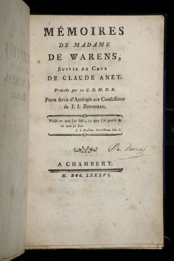 Warens, de Madame Memoires, Chambery, 1786