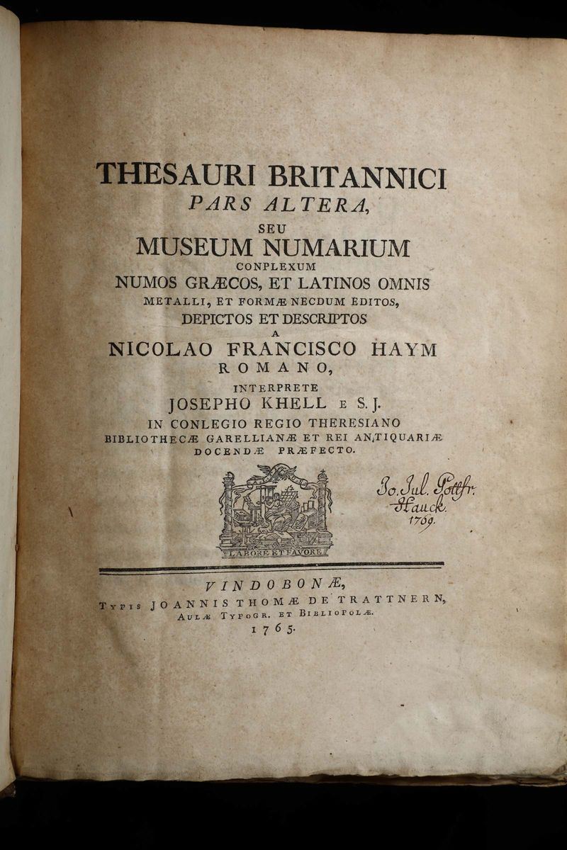 Khell, Josepho Thesauri Britannici pars altera seu Museum Numarium..., Vindobonae, Joannis Thomae, 1765  - Asta Libri - Cambi Casa d'Aste