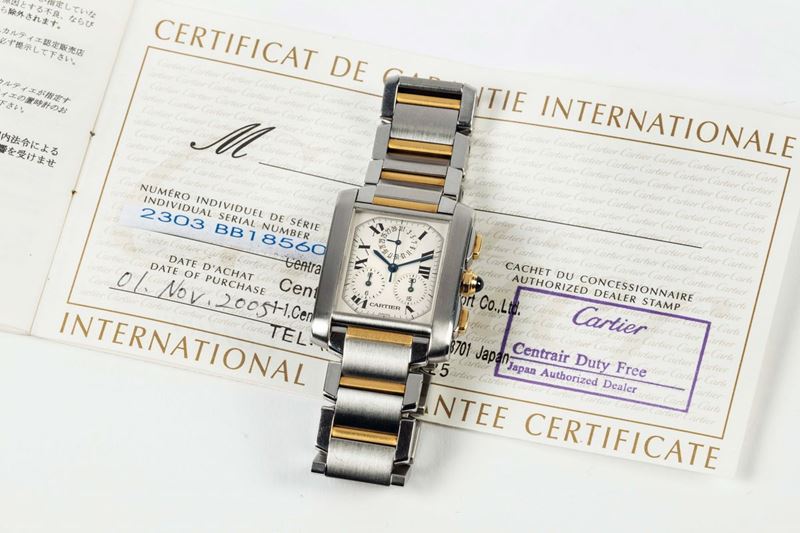 CARTIER, TANK FRANCAISE CHRONO QUARTZ STEEL & GOLD, Ref. 2303. Made in the 1990s. Fine, rectangular curved, water-resistant, stainless steel and yellow gold quartz wristwatch with square button chronograph, registers, date and a stainless steel and yellow gold Cartier link bracelet with concealed double deployant clasp. Accompanied by the original Guarantee.  - Auction Watches and Pocket Watches - Cambi Casa d'Aste