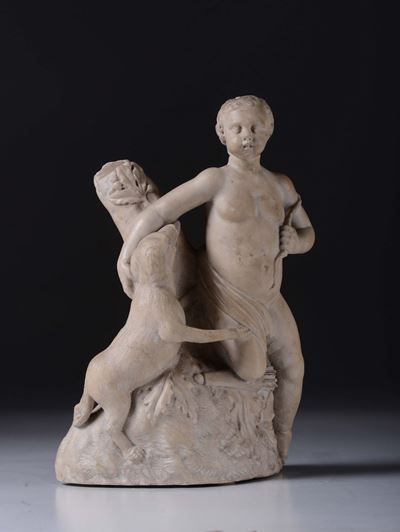 Scultura in Marmo Raffigurante Cupido con Cane, Artista Rinascimentale del XVI Secolo