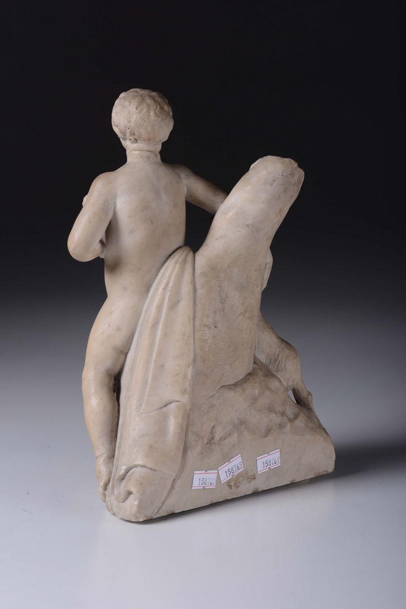 Scultura in Marmo Raffigurante Cupido con Cane, Artista Rinascimentale del XVI Secolo