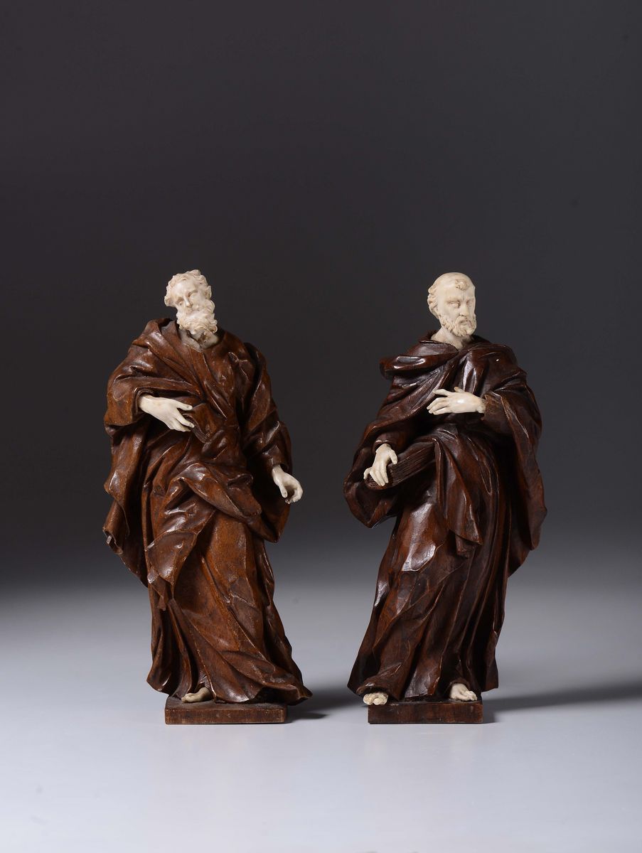 Coppia di Figure di Evangelisti in Legno e Avorio Scolpiti, Germania XVII-XVIII Secolo