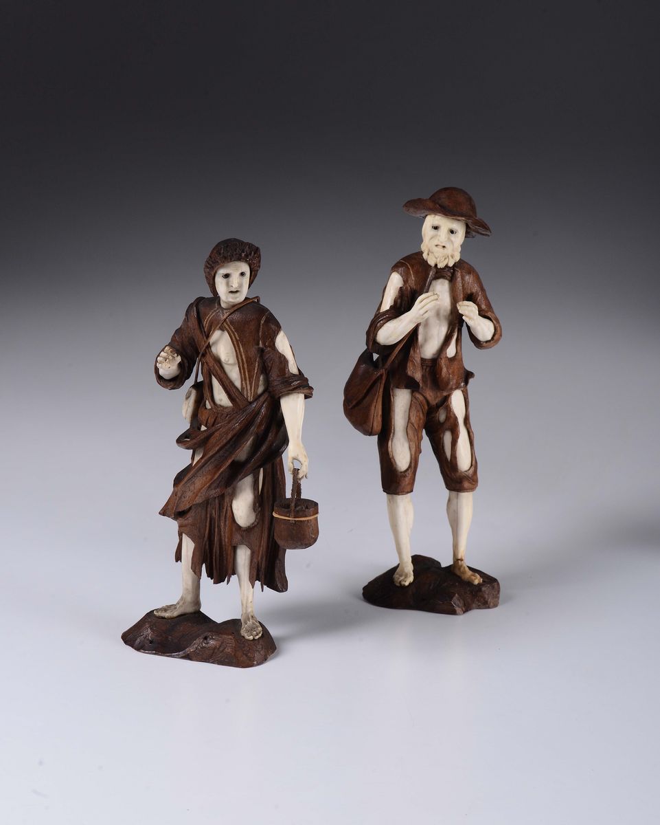 Coppia di Mendicanti in Legno e Avorio, Germania XVIII Secolo