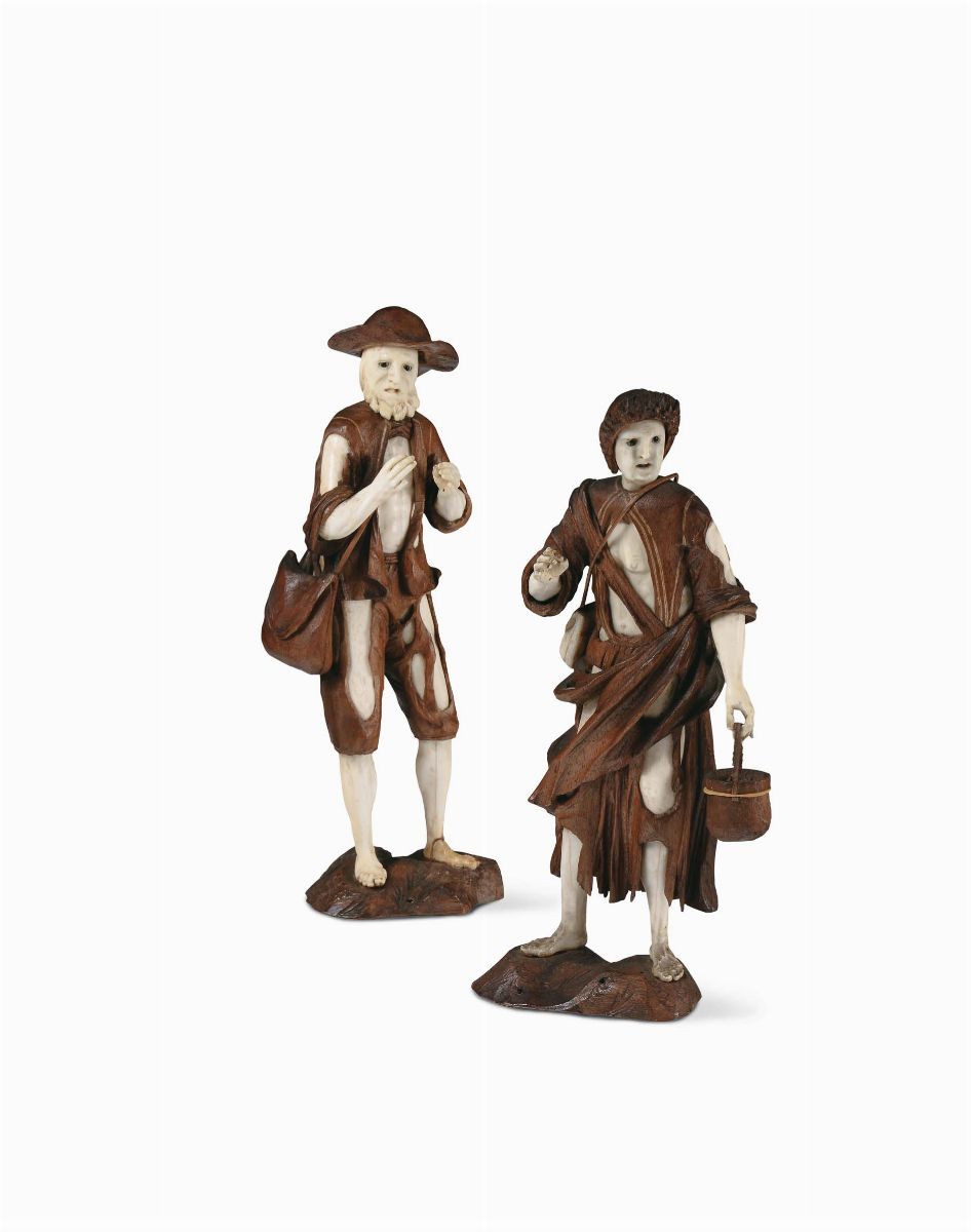 Coppia di Mendicanti in Legno e Avorio, Germania XVIII Secolo