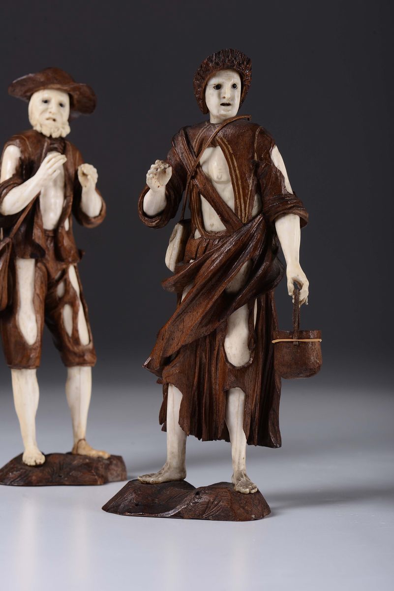 Coppia di Mendicanti in Legno e Avorio, Germania XVIII Secolo