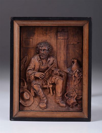 Rilievo in Legno Scolpito Raffigurante Suonatore, Germania o Austria XIX Secolo