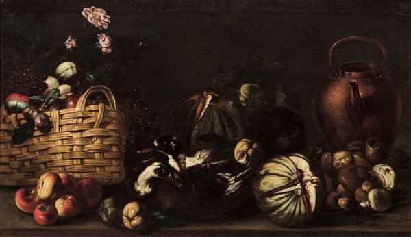 Simone del Tintore (1630-1708), attribuito a Natura morta con cesto, fiori e frutta e verdura
