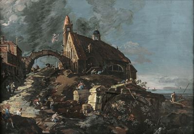 Giovanni Antonio Canal, Detto il Canaletto (venezia 1697 – 1768)capriccio con una Cappella sulla ...