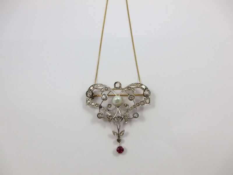 Diamond and pearl pendant set in gold and silver  - Auction Jewels Timed Auction - Cambi Casa d'Aste
