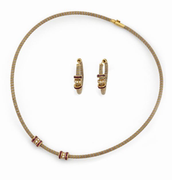 Suite consisting of ruby and diamond necklace and earrings set in yellow gold