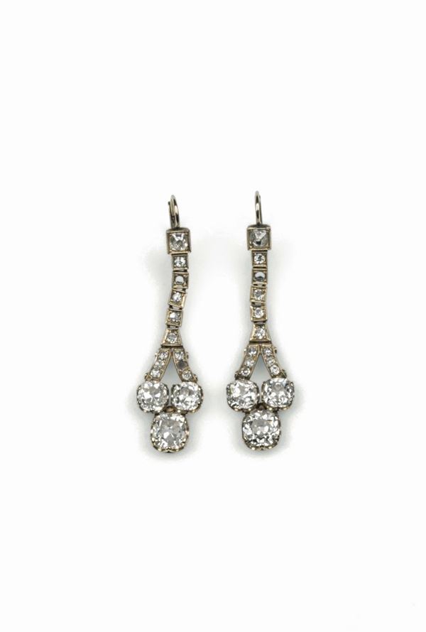 Pendant earrings with old-cut diamonds mounted in platinum