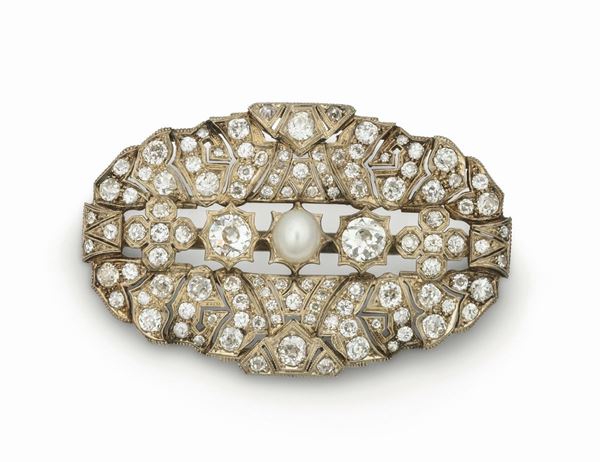 Old-cut diamond and pearl brooch set in white gold