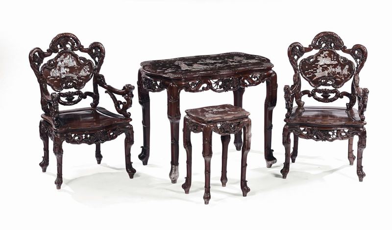 A homu and mother-of-pearl inlays two tables and a pair of armchairs, China, Qing Dynasty, 19th century  - Auction Fine Chinese Works of Art - Cambi Casa d'Aste
