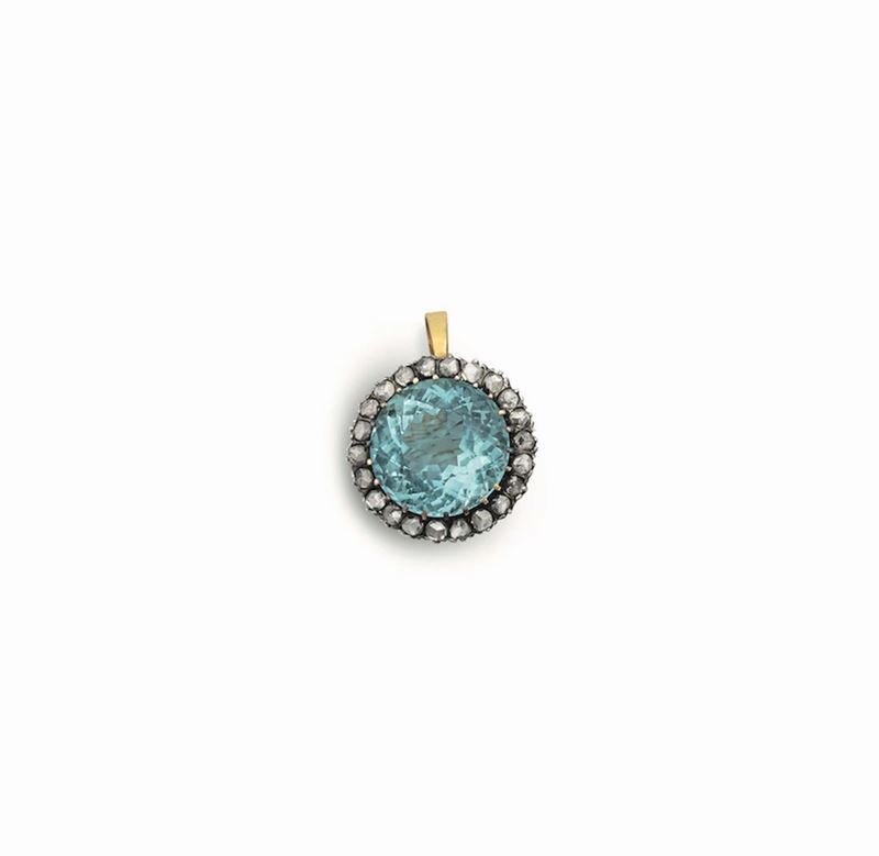 Aquamarine and old-cut diamond pendant mounted in white gold and silver  - Auction Fine Jewels - Cambi Casa d'Aste