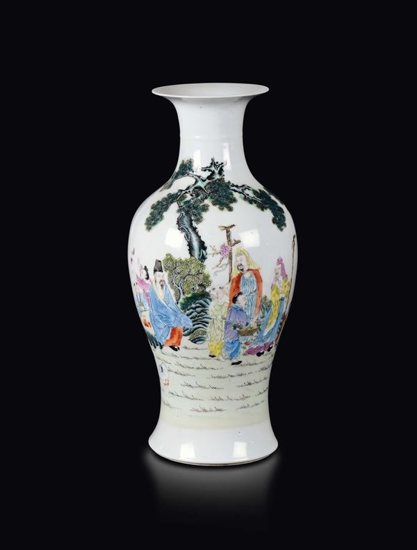 A polychrome enamelled porcelain vase with wise men and children, China, Qing Dynasty, 19th century