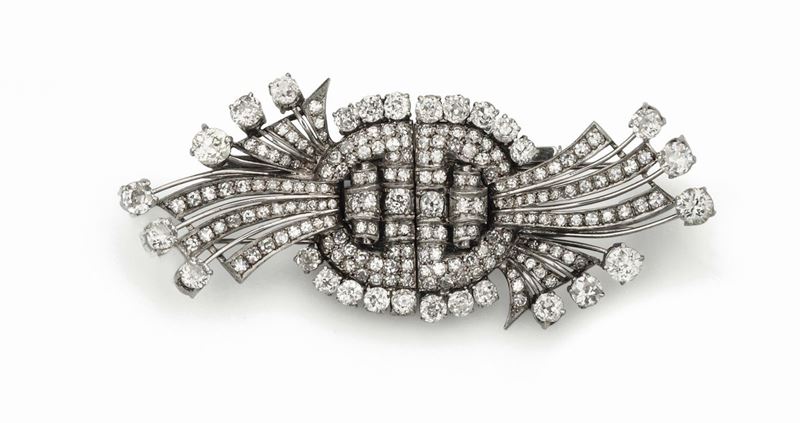 Round-cut diamond double-clip brooch set in platinum  - Auction Fine Jewels - Cambi Casa d'Aste