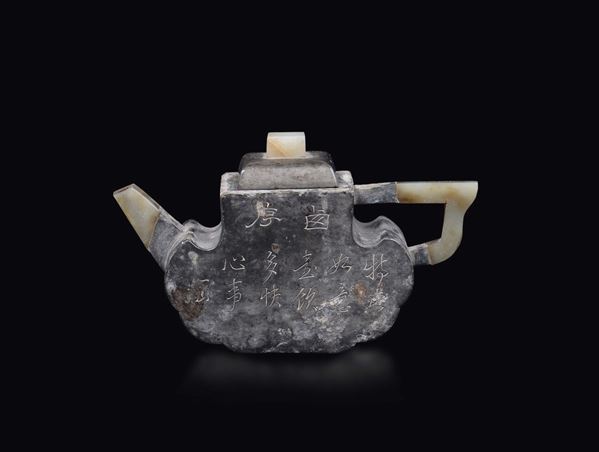 A pewter teapot with inscriptions and jade details, China, Qing Dynasty, 19th century