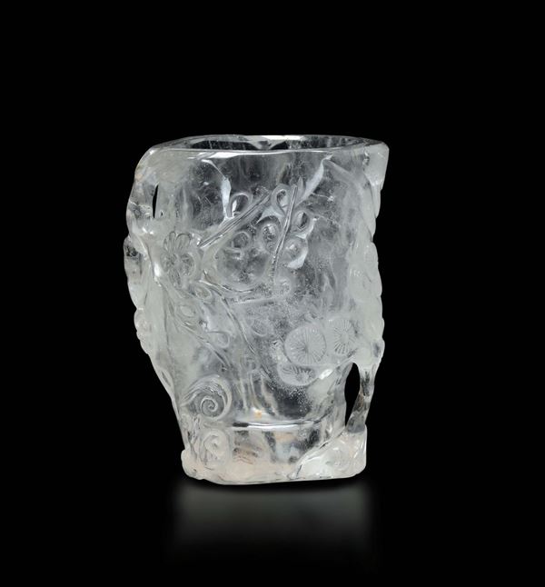 A rock crystal brushpot with decoration in relief, China, Qing Dynasty, 19th century