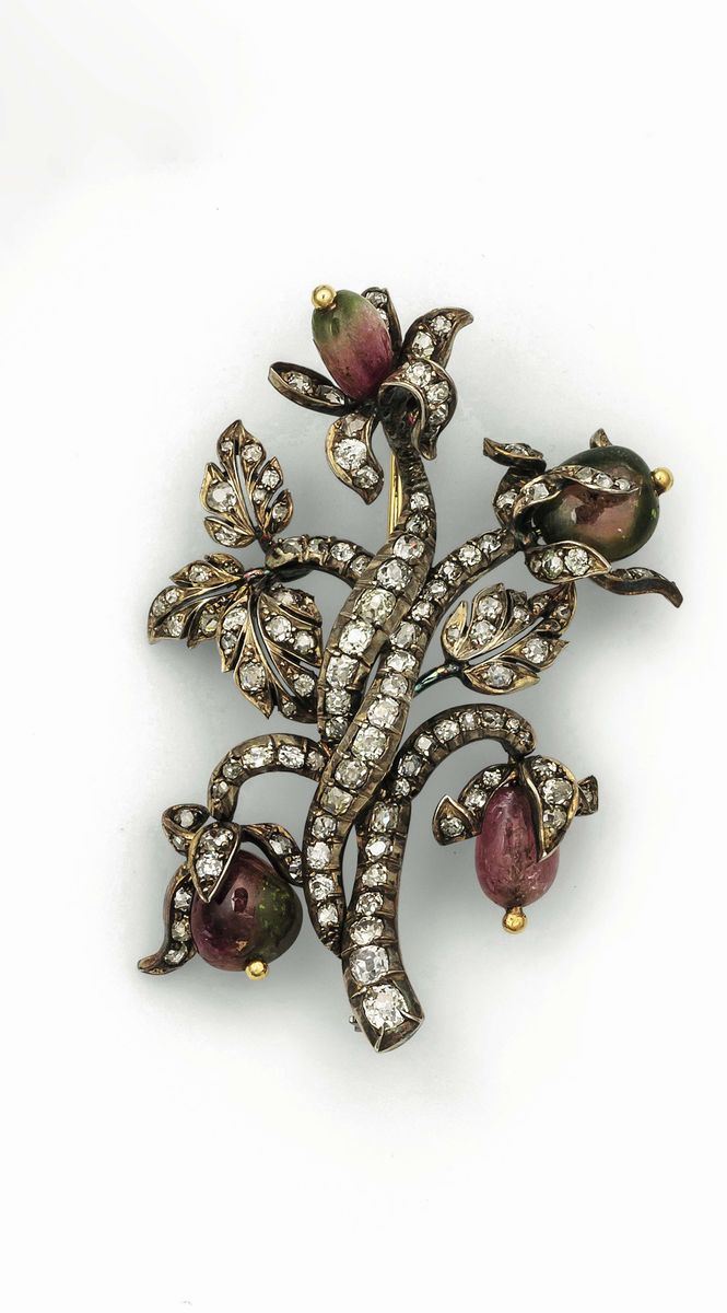 Floral brooch with rose-cut diamond and tourmaline set in gold and silver  - Auction Fine Jewels - Cambi Casa d'Aste