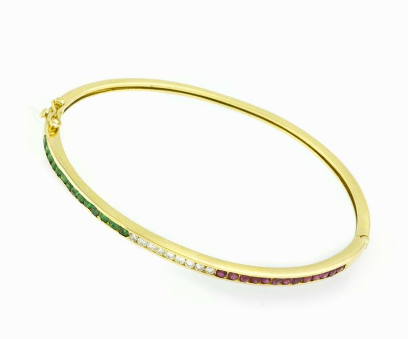 Ruby, diamond and emerald bangle set in gold  - Auction Vintage, Jewels and Bijoux - Cambi Casa d'Aste