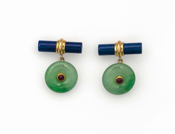 Pair of jadeite and lapis lazuli and ruby cufflinks set in yellow gold