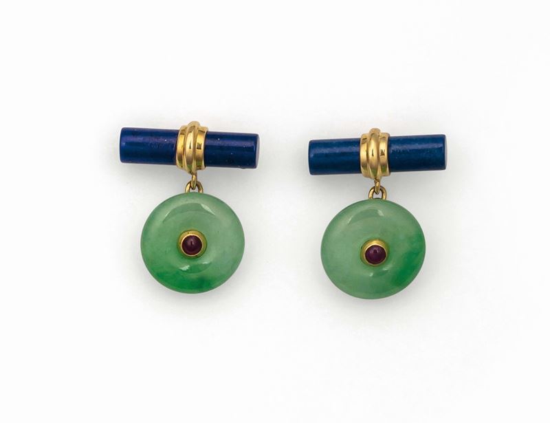 Pair of jadeite and lapis lazuli and ruby cufflinks set in yellow gold  - Auction Fine Jewels - Cambi Casa d'Aste