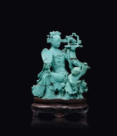 Gruppo Scolpito in Turchese Raffigurante Guanyin con Canarino e Fanciullo, Cina, Inizio XX Secolo
