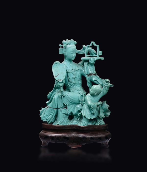 A turquoise Guanyin with child and songbird group, China, early 20th century