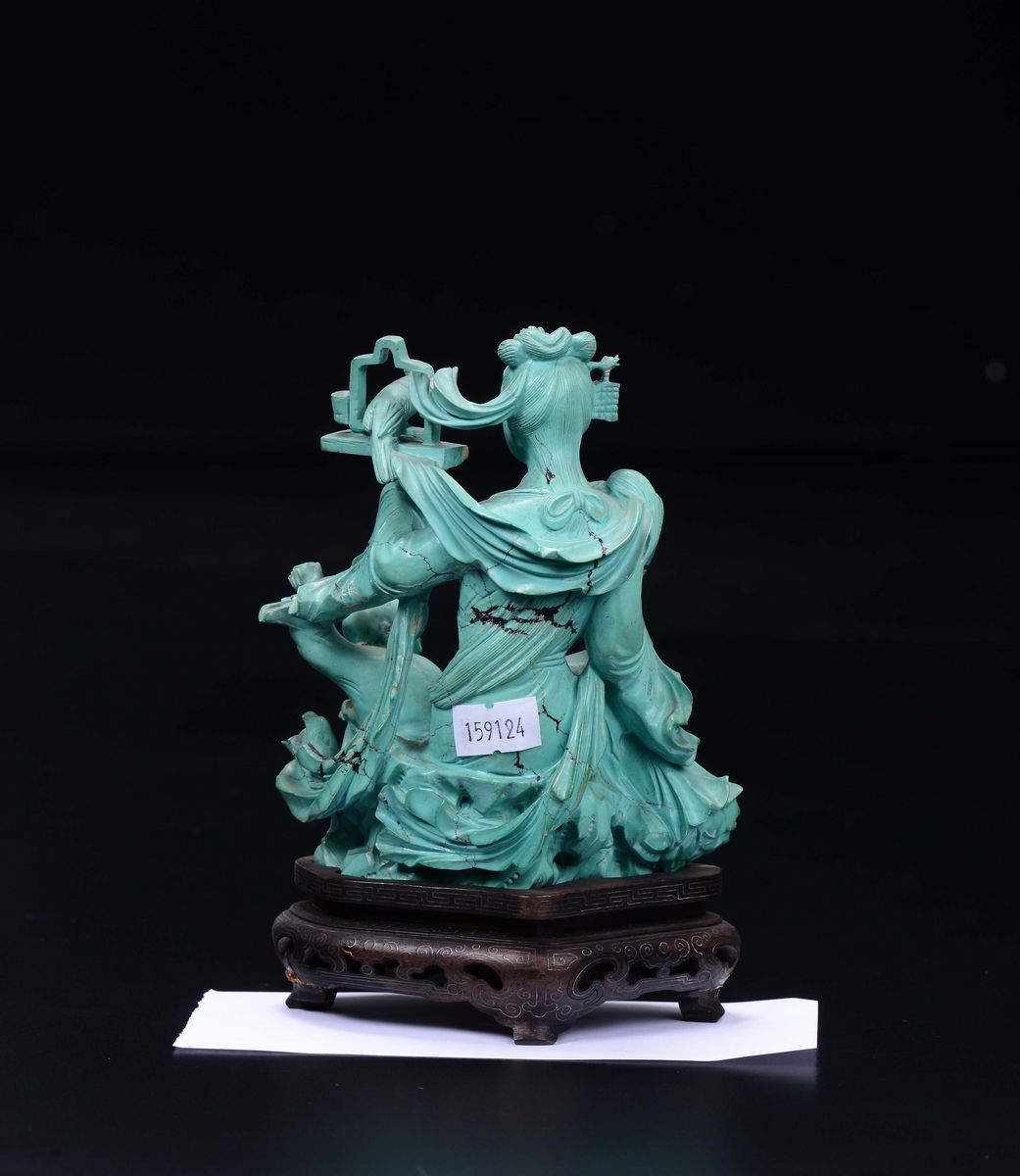 Gruppo Scolpito in Turchese Raffigurante Guanyin con Canarino e Fanciullo, Cina, Inizio XX Secolo
