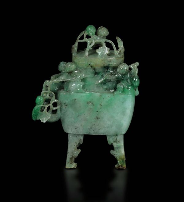 A small apple green shades jadeite censer and cover with children and fruits in relief, China, early 20th century