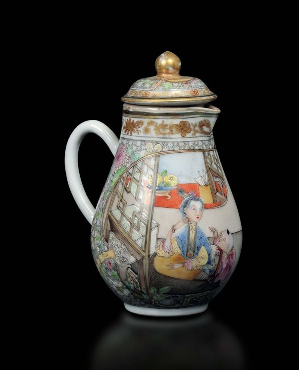 A small polychrome enamelled porcelain teapot with Guanyin and child, China, Qing Dynasty, Qianlong Mark and of the Period (1736-1795)
