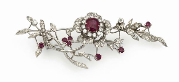 Ruby and diamond en tremblant brooch set in white gold