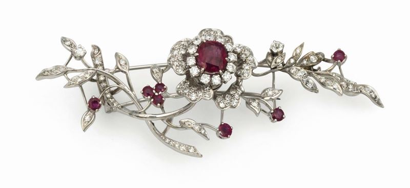 Ruby and diamond en tremblant brooch set in white gold  - Auction Fine Jewels - Cambi Casa d'Aste