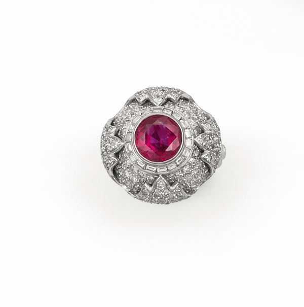 A platinum ring set with ruby and diamond