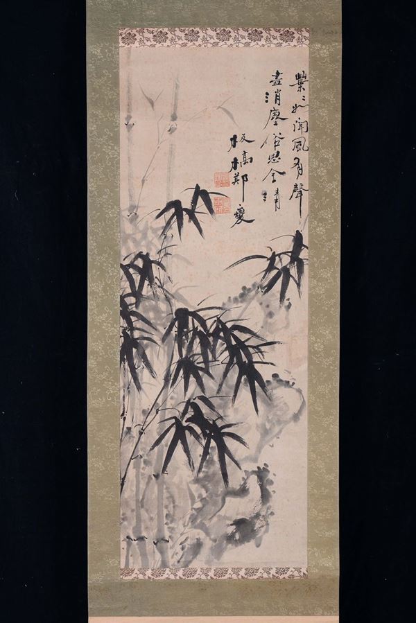 Dipinto su carta con rami di bamboo e con iscrizione e firma, Cina, Dinastia Qing, XIX secolo