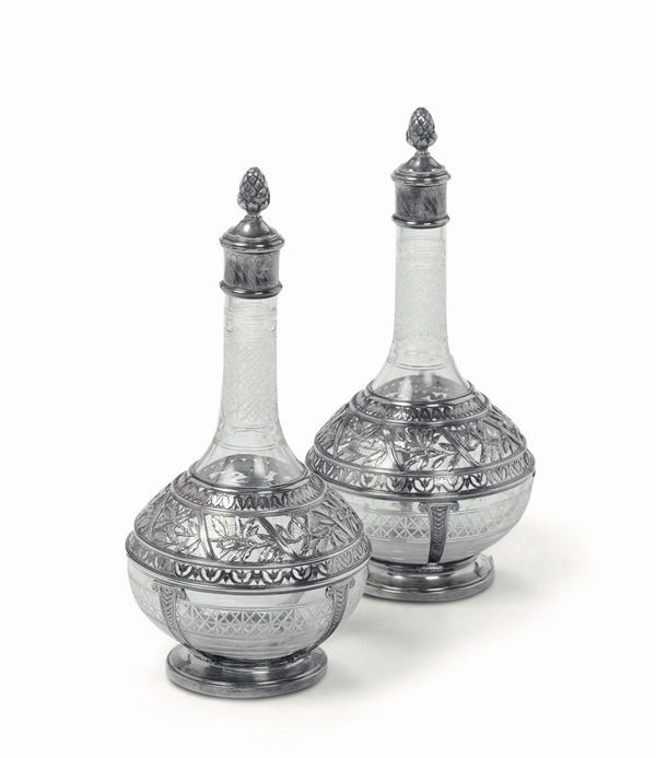 Due bottiglie in vetro molato e argento  a marchio Fabergè, Russia XIX secolo.h cm 26, 5