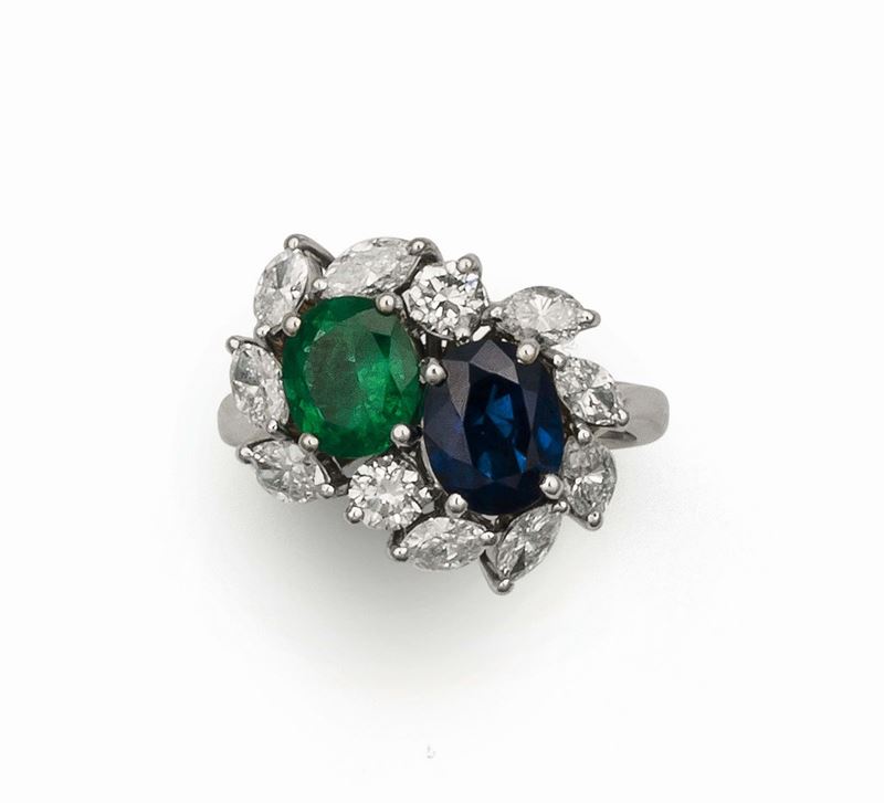 Emerald, sapphire and diamond ring set in white gold  - Auction Fine Jewels - Cambi Casa d'Aste